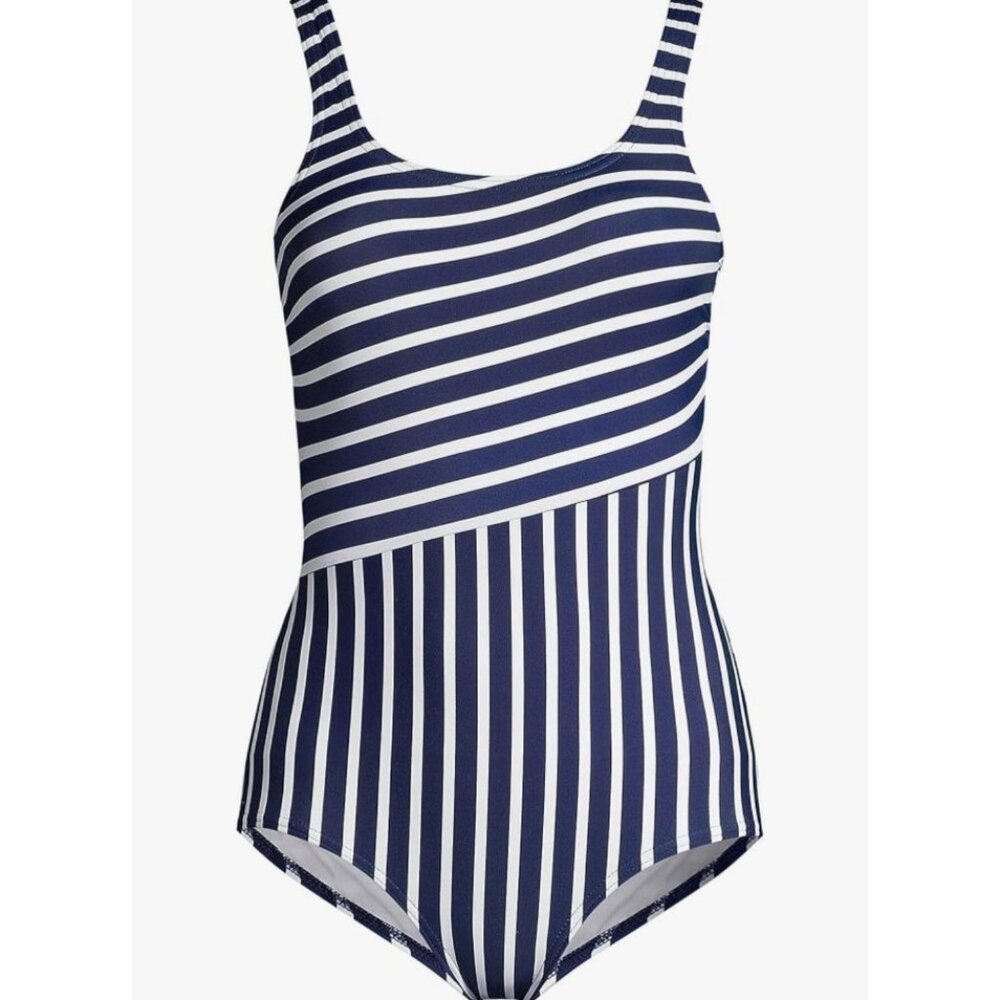Women's Lands' End One Piece Swimsuit Black White Stripe Size L Full Coverage - Picture 1 of 8